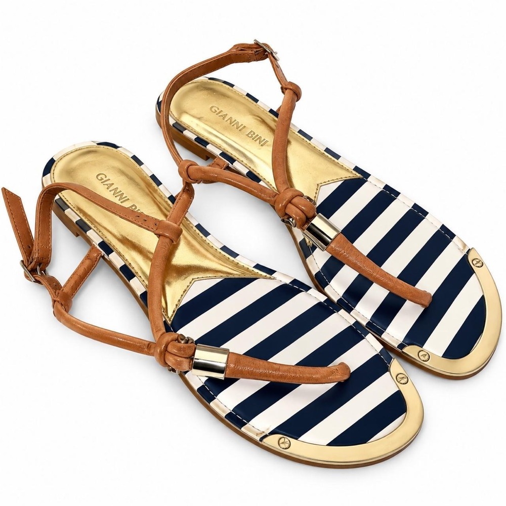 Gianni Bini Harbour Navy White Striped T-Strap Sandals size 9.5